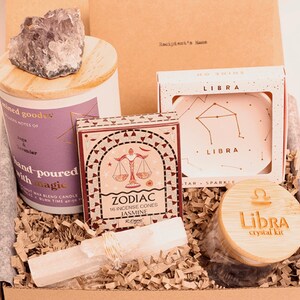 Libra Gift for Her | Libra Spiritual Decor, Crystal Candle, Zodiac Gemstones & Bracelet, Astrology Jewelry Dish, Incense, Selenite + Quartz