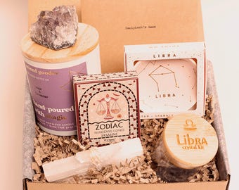 Libra Gift for Her | Libra Spiritual Decor, Crystal Candle, Zodiac Gemstones & Bracelet, Astrology Jewelry Dish, Incense, Selenite + Quartz
