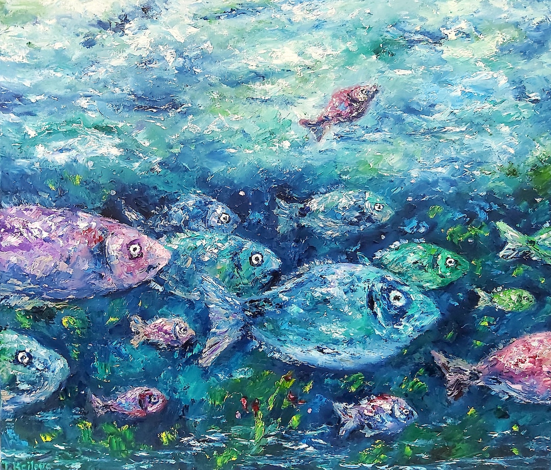 水中の魚。オリジナルアート。キャンバスに油彩。インパスト画