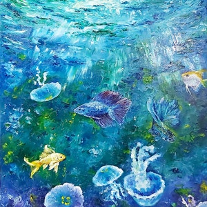 水中の魚。オリジナルアート。キャンバスに油彩。インパスト画