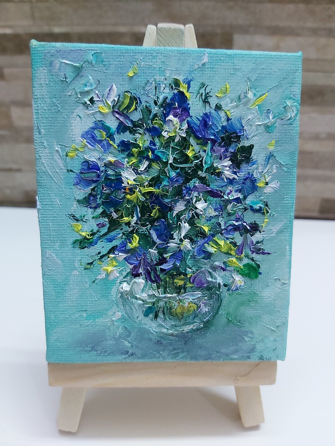 Set Canvas With Stand Mini Painting Blue Abstract Flowers Original Oil ...