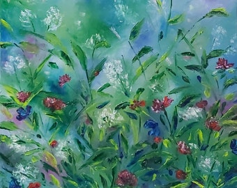 May include: An abstract painting of a vibrant garden scene. The artwork features a mix of green foliage, red, white, and blue flowers, and a soft blue and green background. The brushstrokes create a textured, impressionistic effect.