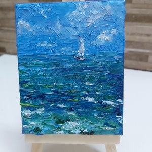 Set canvas with stand Mini painting Sea painting oil on canvas Miniature Small picture Boats Wall Art Landscape Wall Decor Impasto Artwork