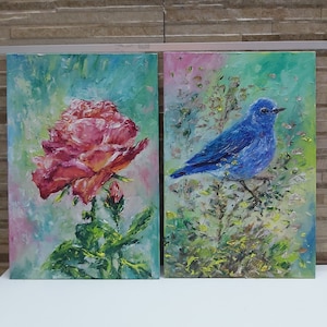 Set of 2 paintings Oil on canvas Miniature Small picture Floral painting Wall Decor Impasto Artwork Pink Rose Painting Blue Bird Painting