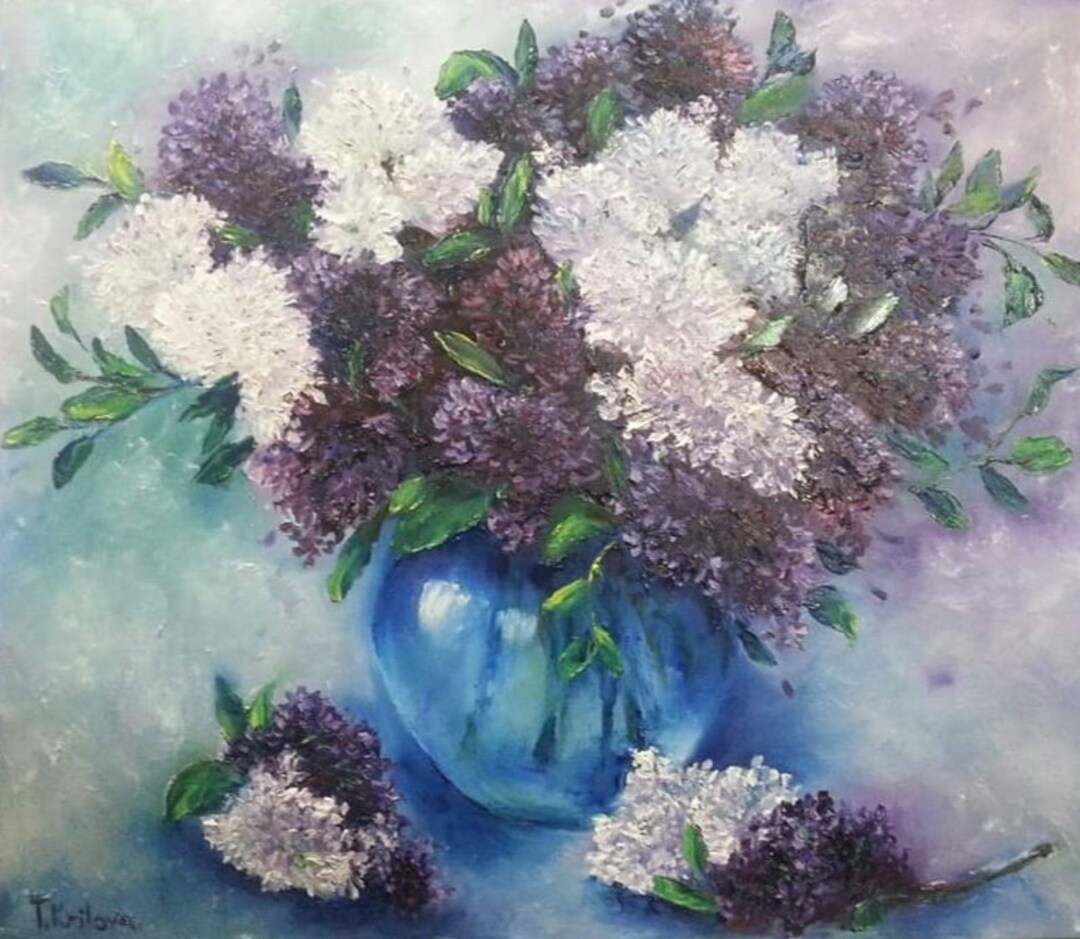 Lilacs in a Blue Glass Vase.oil on Canvas.flowers Art Lilac Painting ...