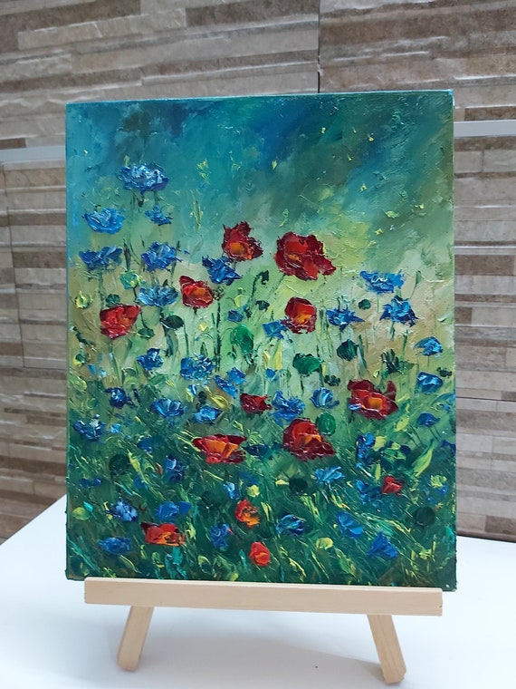 Blumengemälde Öl auf Leinwand Originalgemälde Blumen Abstraktes Kunstwerk Kleines Gemälde Impasto Ölgemälde Wandkunst Mohnfeldgemälde