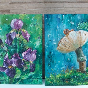 Set of 2 paintings Flowers painting oil on canvas Impasto Painting Small Painting Iris Flowers Mushroom in the rain Snail Field of flowers