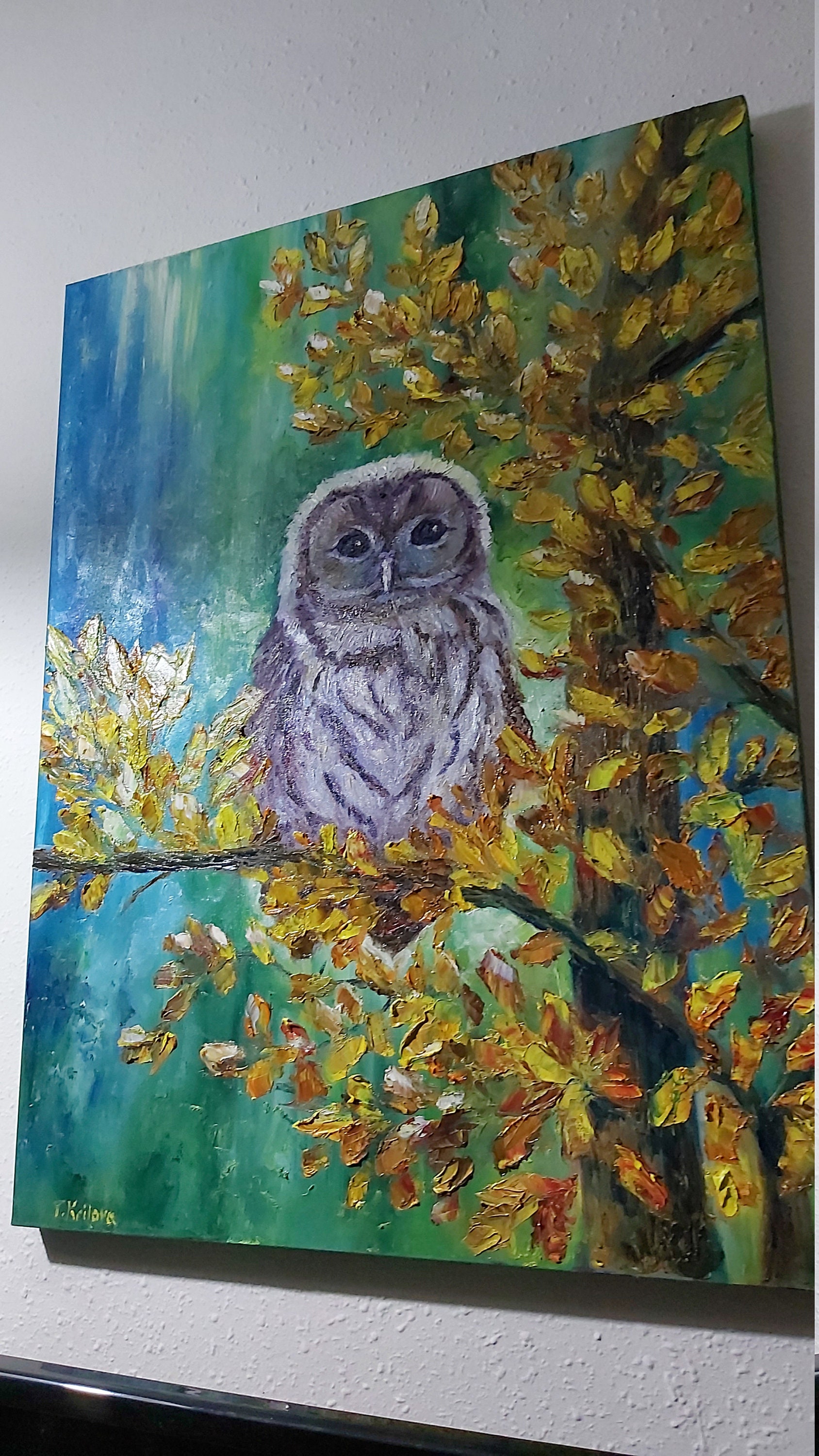 Owl on a tree. Oil painting on canvas.Owl Painting birds art Filin Art Eagle Owl Wall Decor Owl Orig