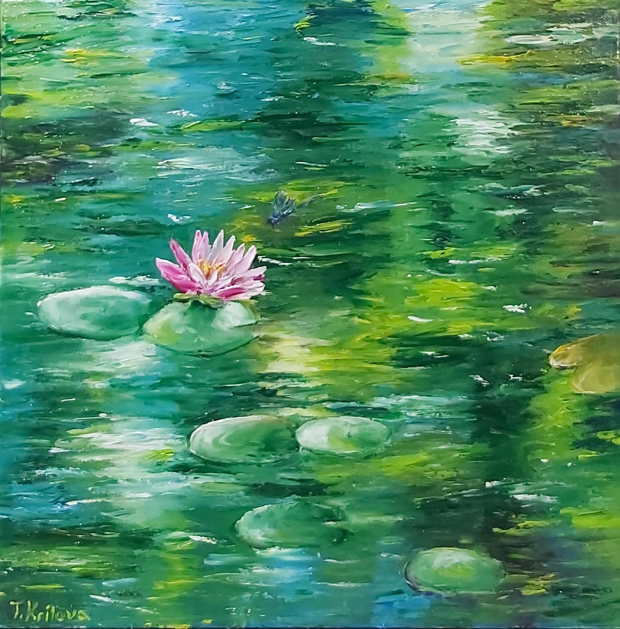 油絵 湖面 蓮 ブルー 夏 一点もの 油絵 原画 オリジナル 「七色睡蓮」 送料無料 絵画 Masako's