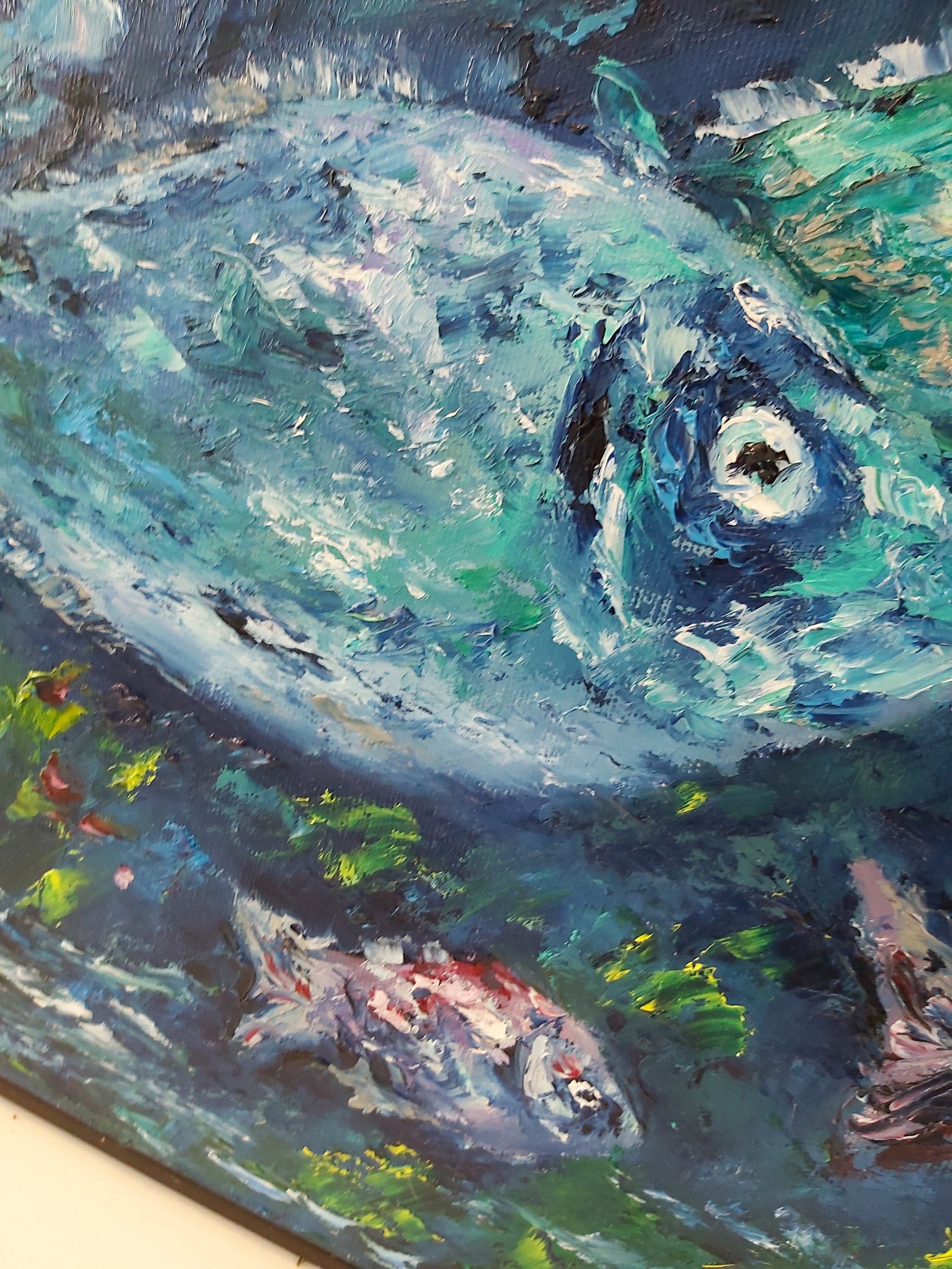 水中の魚。オリジナルアート。キャンバスに油彩。インパスト画