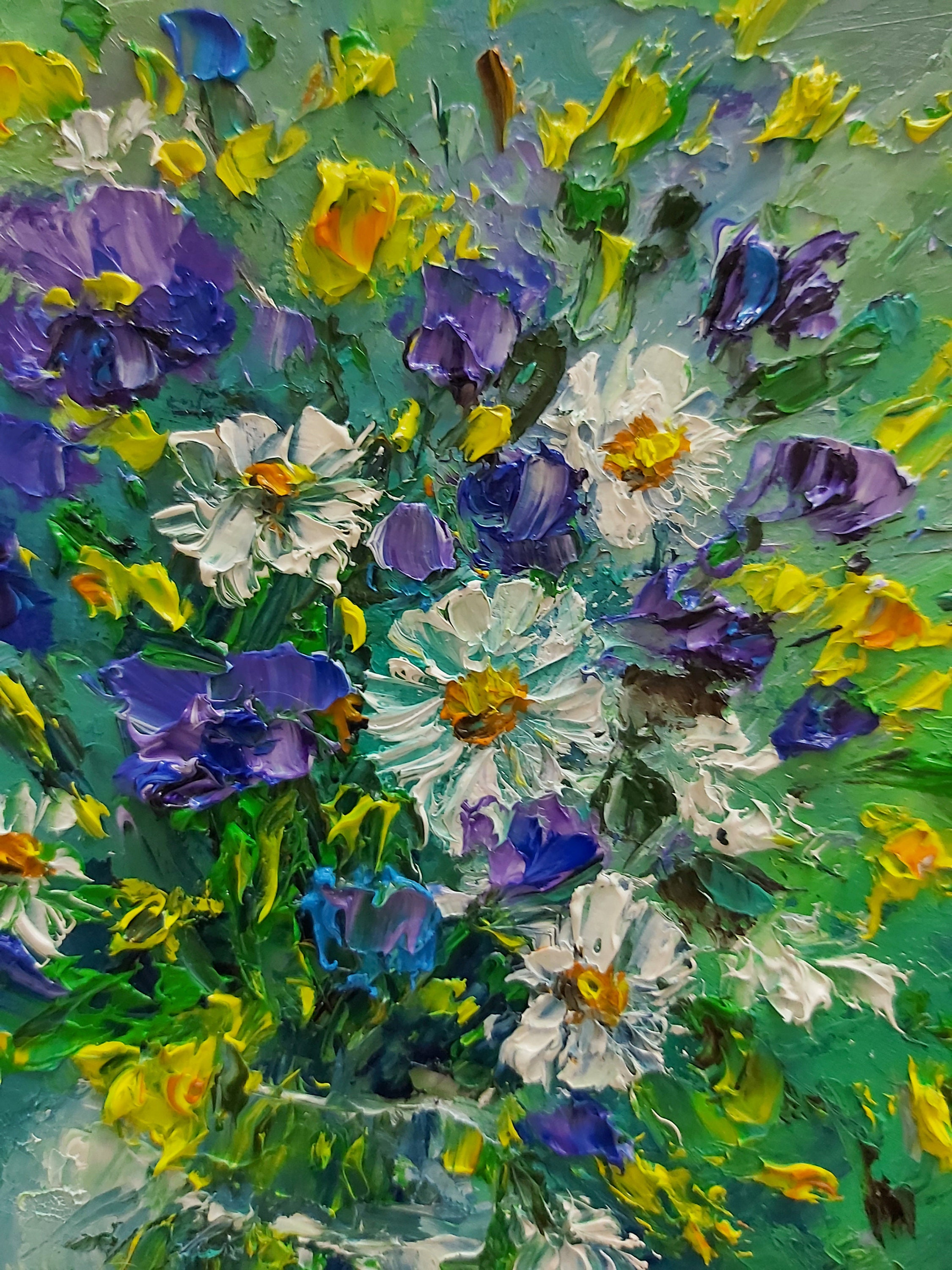 Mini Painting Blue Abstract Flowers Original Oil Painting Impasto Small ...