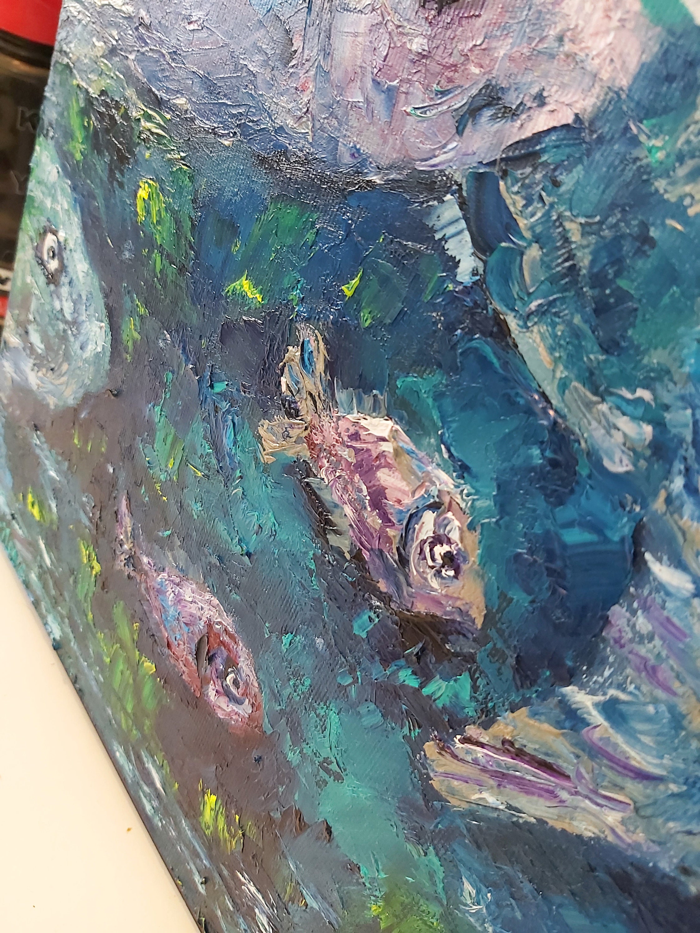 水中の魚。オリジナルアート。キャンバスに油彩。インパスト画