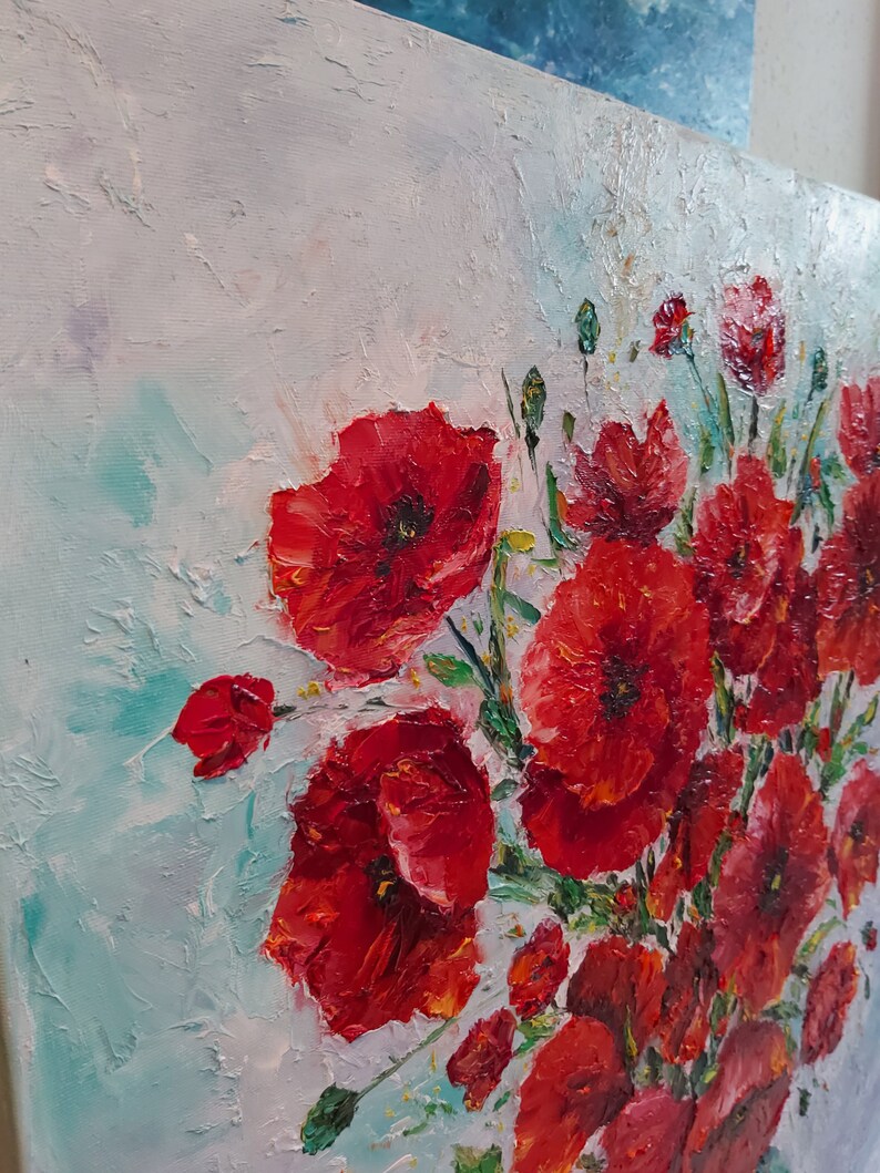 Flowers Painting Oil on Canvas Poppies Wall Art Impasto Painting Floral ...
