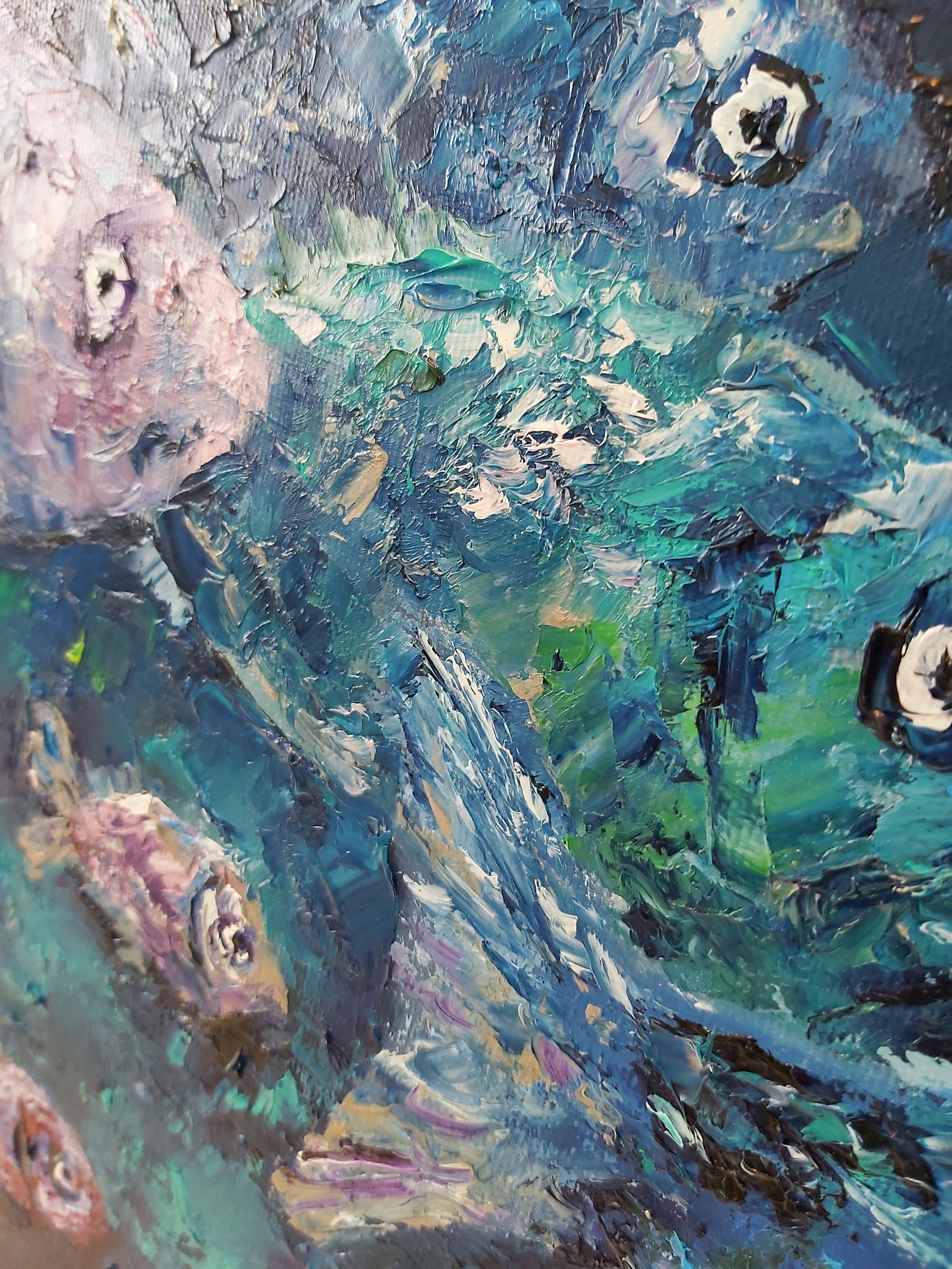 水中の魚。オリジナルアート。キャンバスに油彩。インパスト画