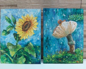 Set of 2 paintings Flowers painting oil on canvas Impasto Painting Small Painting Yellow flowers SunfloverIris Mushroom in the rain.Snail
