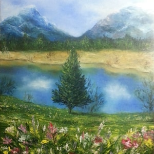 Landscape painting oil on canvas.Original art.Mountains paintig.Wall art.Impasto painting.Painting lake.Flowers painting.