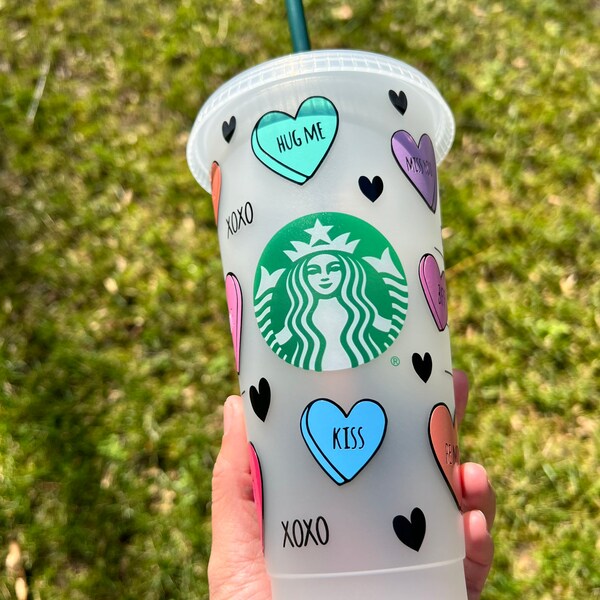 Valentines Conversation Heart Candy Starbucks Reusable Cold Cup; Valentines Cup; Gifts for Her; Heart Cup; Love Cup; Candy Cup; Valentines