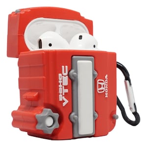Könnte beinhalten: Rote und graue Schutzhülle für kabellose Ohrhörer mit Honda-Logo und dem Text "VTEC" und "B16B". Die Hülle hat einen Karabinerhaken.