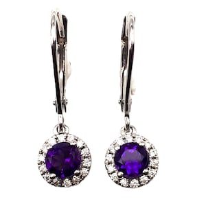 Sterling silver Amethyst Surrounded With White Cubic Zirconia Dangling Earrings  by GEMWORLD LTD
