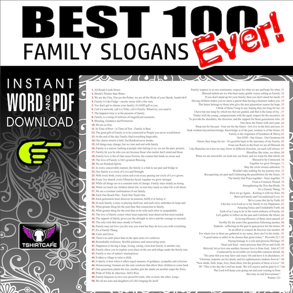 100 BEST Family Reunion Slogans | Word Doc  | PDF File | digital download | T-Shirts | Tumblers | Crafts | Scrapbooking |