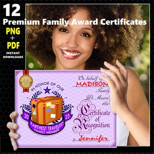 May include: A certificate of recognition with a purple border, featuring a suitcase graphic and text that reads "Farthest Traveled Family Member." The certificate is held by a person with curly hair. The text "12 Premium Family Award Certificates" is at the top.