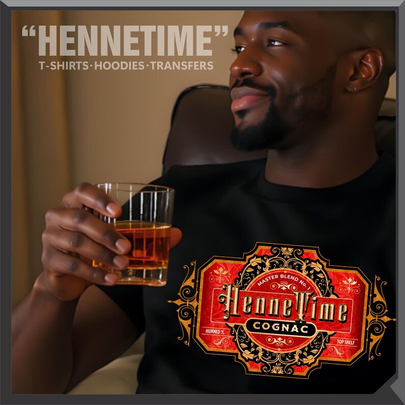 May include: Black t-shirt with a HenneTime Cognac label design. The label is red and gold with the text "HenneTime Cognac" and "Master Blend No. 1". The top of the image has the text "HENNETIME" and "T-SHIRTS HOODIES TRANSFERS".