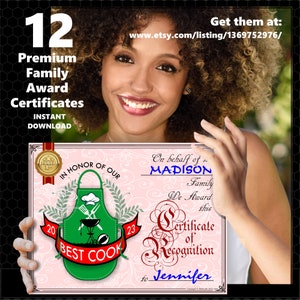 May include: A pink and white printable certificate with a green apron design and the text "In honor of our best cook". The certificate is for Jennifer and is from the Madison family.