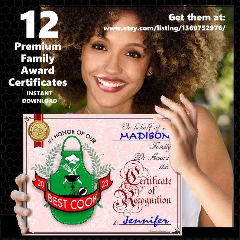 May include: A pink and white printable certificate with a green apron design and the text "In honor of our best cook". The certificate is for Jennifer and is from the Madison family.