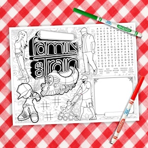 May include: A black and white illustration of a family train with the words "Family Train" in bold letters. The illustration includes a train engine, a passenger car, and a family of four. The train is on a track with a peace sign on the engine. The illustration is surrounded by a border of flowers and leaves.