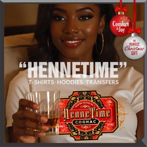 May include: The image features a woman holding a glass of cognac with a HenneTime label. The label is red and gold, with the words "HenneTime Cognac" prominently displayed. The image also includes text that says "T-shirts, Hoodies, Transfers" and Christmas ornaments.