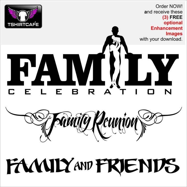 May include: Black and white graphic design with the text "FAMILY CELEBRATION" and "Family Reunion" in a stylized font. Below the text is the phrase "FAMILY AND FRIENDS".