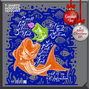 Pu&ograve; includere: Un design grafico con un pesce arancione, un pesce verde e un fiore rosa, con il testo "Small Fish have Big Fish" e "Big Fish have Bigger Fish". Il design &egrave; su uno sfondo blu con sagome di pesci e il testo "and so on ad infinitum."