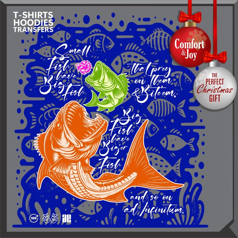 Pu&ograve; includere: Un design grafico con un pesce arancione, un pesce verde e un fiore rosa, con il testo "Small Fish have Big Fish" e "Big Fish have Bigger Fish". Il design &egrave; su uno sfondo blu con sagome di pesci e il testo "and so on ad infinitum."
