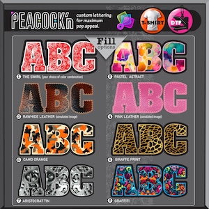 Puede incluir: Gr&aacute;fico que muestra opciones de letras personalizadas para camisetas. La imagen muestra las letras "ABC" en varios estilos, incluyendo "The Swirl", "Pastel Astract", "Rawhide Leather", "Pink Leather", "Camo Orange", "Giraffe Print", "Aristocrat Tin" y "Graffiti".