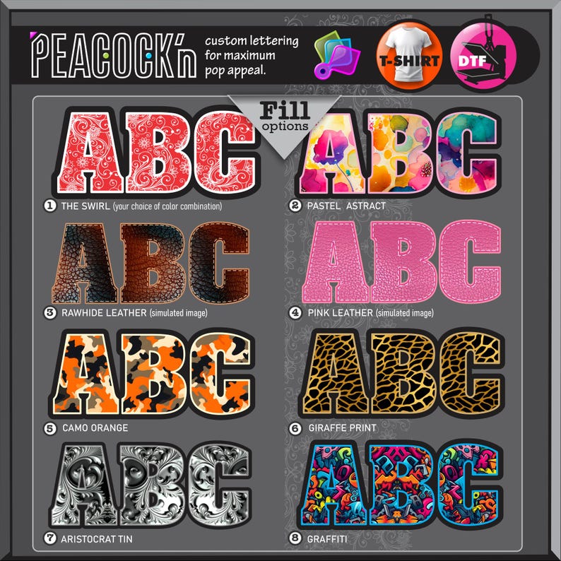 Puede incluir: Gr&aacute;fico que muestra opciones de letras personalizadas para camisetas. La imagen muestra las letras "ABC" en varios estilos, incluyendo "The Swirl", "Pastel Astract", "Rawhide Leather", "Pink Leather", "Camo Orange", "Giraffe Print", "Aristocrat Tin" y "Graffiti".