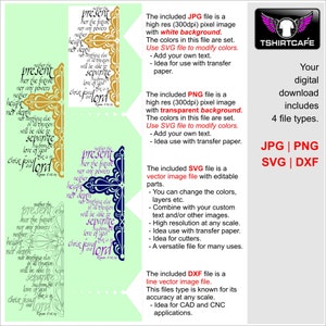 May include: A digital download of four different file types for a design featuring the text "Neither the present nor the future nor any powers, neither height nor depth, nor anything else of all creation will be able to separate us from the love of God in Christ Jesus our Lord."  The files include JPG, PNG, SVG, and DXF formats.