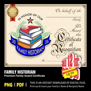 May include: A certificate of recognition for a family historian. The design features a stack of books, a banner that reads "Family Historian", and the text "Certificate of Recognition". The certificate is a digital download.