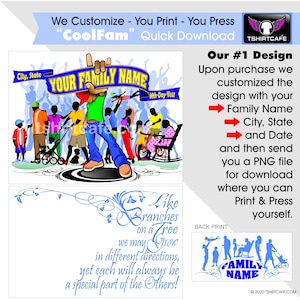 May include: A colorful illustration of a family with the text "Your Family Name" on a blue banner. The illustration includes a person with their arms raised in the air, a dog, a stroller, and a rocking chair. The text "Like Branches on a Tree" is written below the illustration. The text "We may grow in different directions, yet each will always be a special part of the others!" is written below the text "Like Branches on a Tree".
