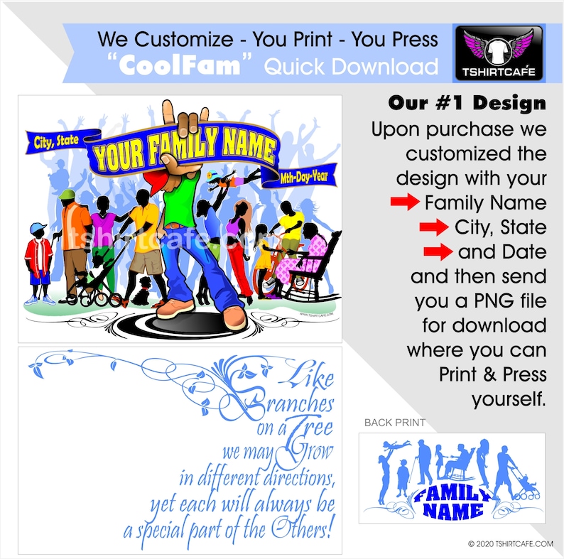 May include: A colorful illustration of a family with the text "Your Family Name" on a blue banner. The illustration includes a person with their arms raised in the air, a dog, a stroller, and a rocking chair. The text "Like Branches on a Tree" is written below the illustration. The text "We may grow in different directions, yet each will always be a special part of the others!" is written below the text "Like Branches on a Tree".