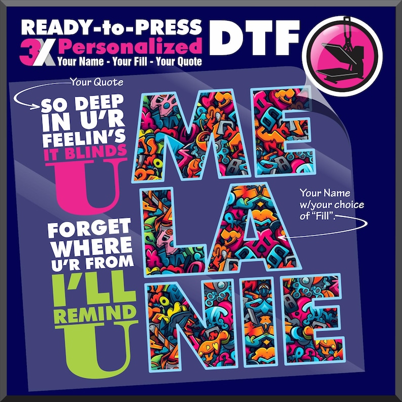 Puede incluir: Una l&aacute;mina de transferencia DTF (Directo a Pel&iacute;cula) con el nombre "MELANIE" en letras grandes y coloridas estilo grafiti. La l&aacute;mina incluye el texto "READY-to-PRESS" y "Personalized" con espacio para una cita y un nombre.