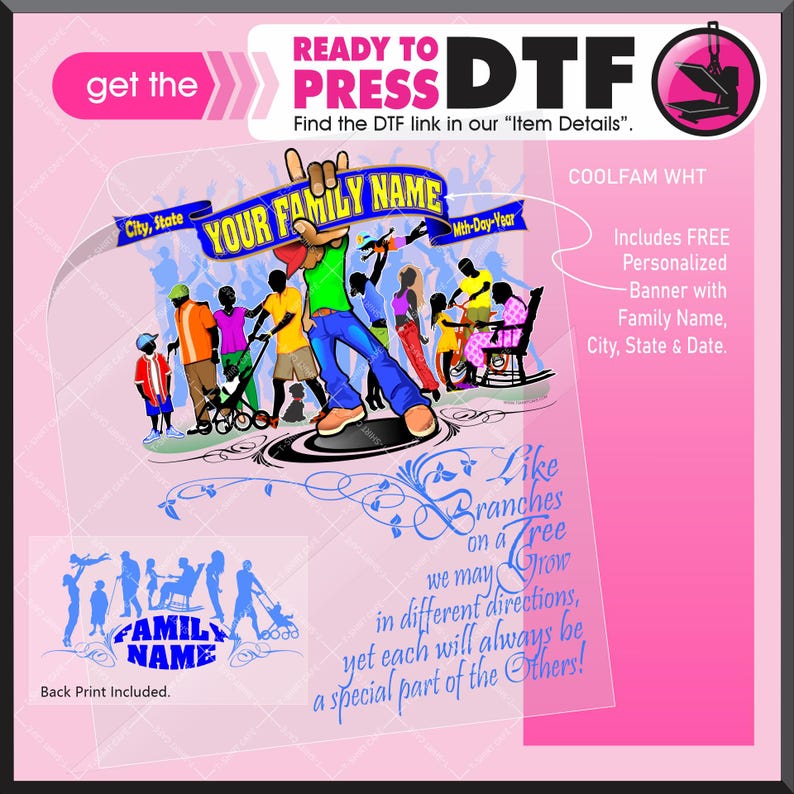 May include: A digital design file for a t-shirt featuring a family with the text "Your Family Name" and "Like Branches on a Tree, We May Grow in Different Directions, Yet Each Will Always Be a Special Part of the Others!"  The design includes a family with a banner that says "City, State" and "Mth-Day-Year".