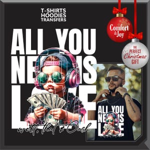 Puede incluir: Un dise&ntilde;o gr&aacute;fico con un ni&ntilde;o con auriculares y gafas de sol, sosteniendo dinero en efectivo, con el texto "ALL YOU NEED IS LOVE... well, that & Cash." El dise&ntilde;o incluye un hombre con gafas de sol y el texto "THE PERFECT CHRISTMAS GIFT."