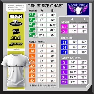 May include: White t-shirt with a size chart for youth, adult, and ladies' t-shirts. The chart includes measurements in inches for various sizes, along with the brands used. The text "T-Shirt Caf&eacute;" is at the top.
