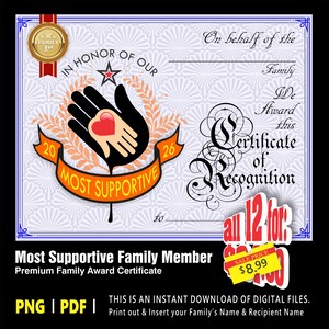 May include: A certificate of recognition with a gold seal and a black border. The certificate features a hand-in-hand graphic with a red heart, the words "Most Supportive," and the text "Certificate of Recognition." The bottom reads "Most Supportive Family Member."