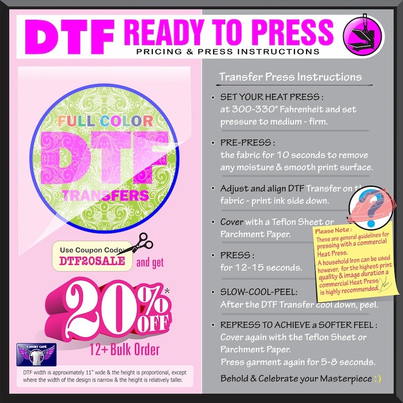 Puede incluir: Un gr&aacute;fico rosa y morado con instrucciones para transferencias DTF (Directo a Pel&iacute;cula). La imagen incluye un c&oacute;digo de cup&oacute;n para un 20% de descuento en pedidos al por mayor, un dise&ntilde;o circular con "Full Color DTF Transfers" e instrucciones.