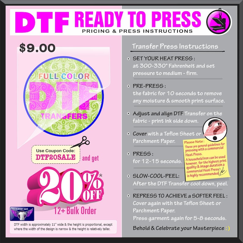 May include: A pink and purple DTF (Direct to Film) transfer instruction sheet. The sheet includes instructions for heat pressing, with a coupon code for 20% off bulk orders. The DTF width is approximately 11 inches.