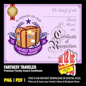 May include: A certificate of recognition with a purple border. The certificate features a suitcase graphic with the text "Farthest Traveled Family Member." The text "Certificate of Recognition" is also displayed.