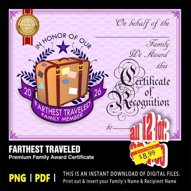 May include: A certificate of recognition with a purple border. The certificate features a suitcase graphic with the text "Farthest Traveled Family Member." The text "Certificate of Recognition" is also displayed.
