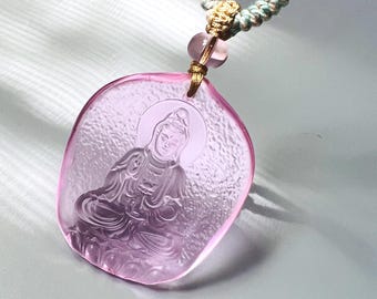 GUANYIN, Quan Yin Kwan Yin Tibet Tibetan Buddhism Buddhist Buddha Pendant Pink Glass Necklace Gift for Her
