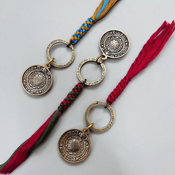 Tibetan Talisman Protection Amulet Eight Trigrams Copper Chinese Zodiac Feng Shui Pendant Mantra Keyring, Lucky Keychains, gifts for friends